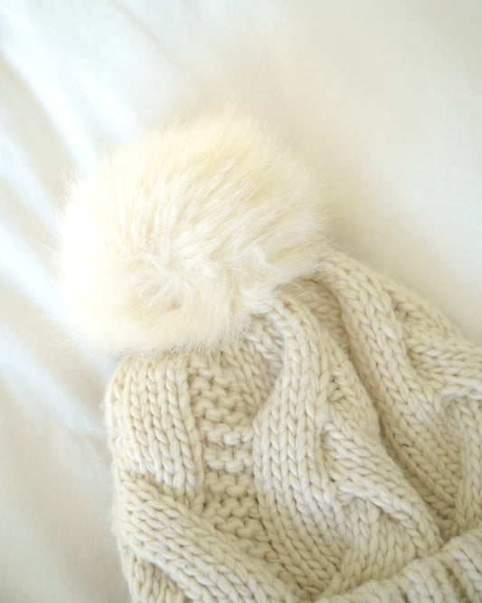 H&M Cream Braided Knit Beanie W/ Pom Pom (O/S)