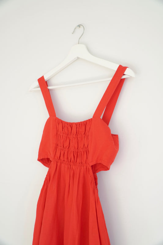 Shona Joy Rose Red Linen Cut Out Ruched Midi Dress (10 Au)
