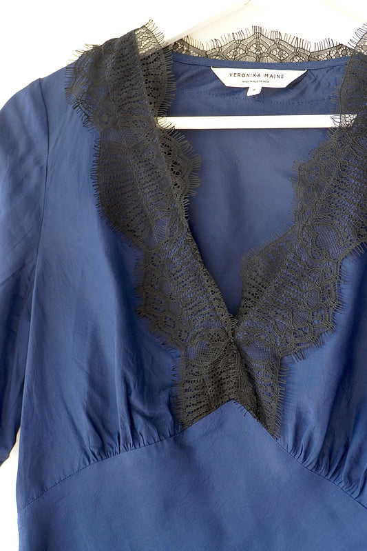 Veronika Maine Navy Lace Trim Classic Silk Blouse (6 Au)