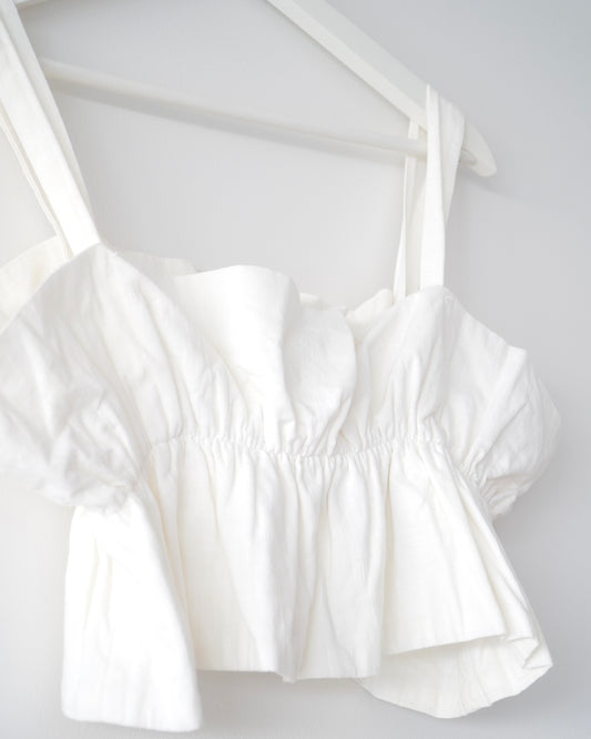 Reverse White Cotton Ruched Ruffle Top (M)