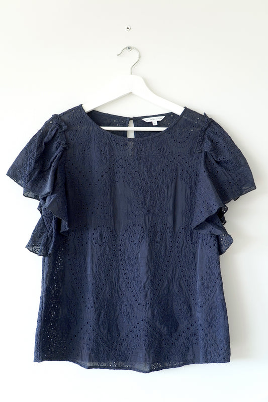 Veronika Maine Navy Blue Eyelet Lace Ruffle Sleeve Blouse (8 Au)