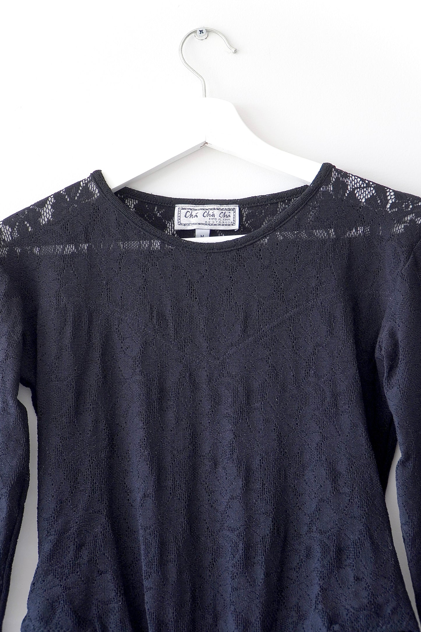 Cha Cha Cha Keep It Cool Vintage Black Floral Lace Long Sleeve Bodysuit (M)