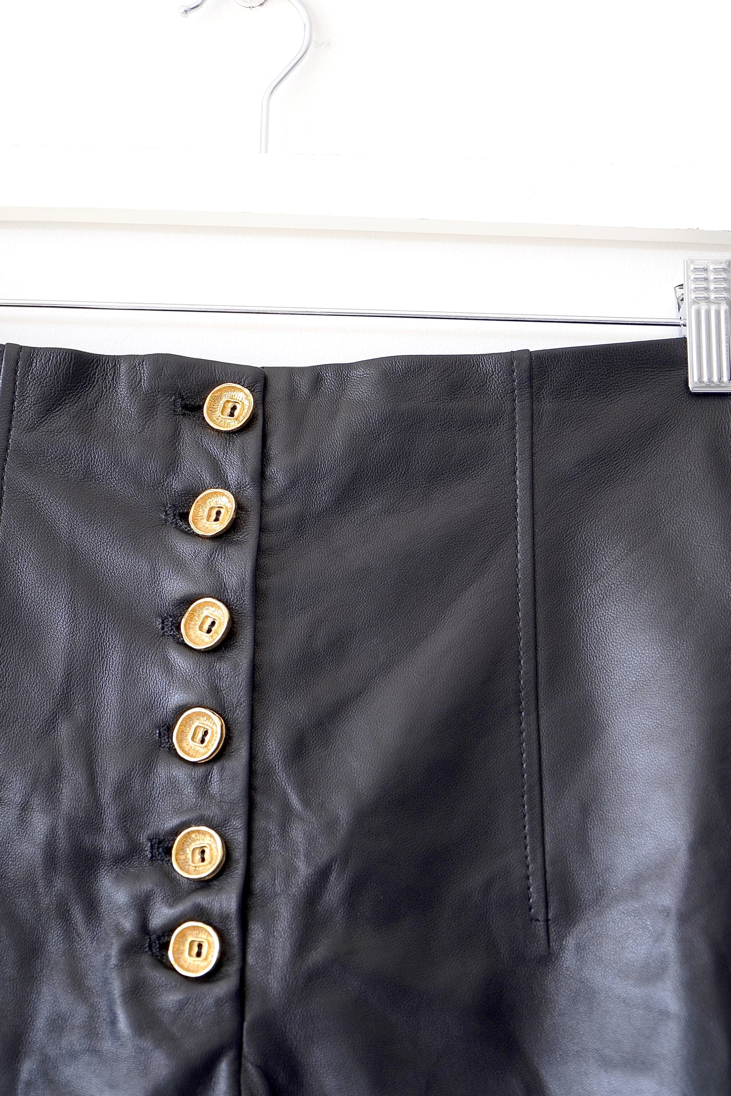 Scanlan Theodore Black High Waisted Leather Shorts w/ Gold Buttons