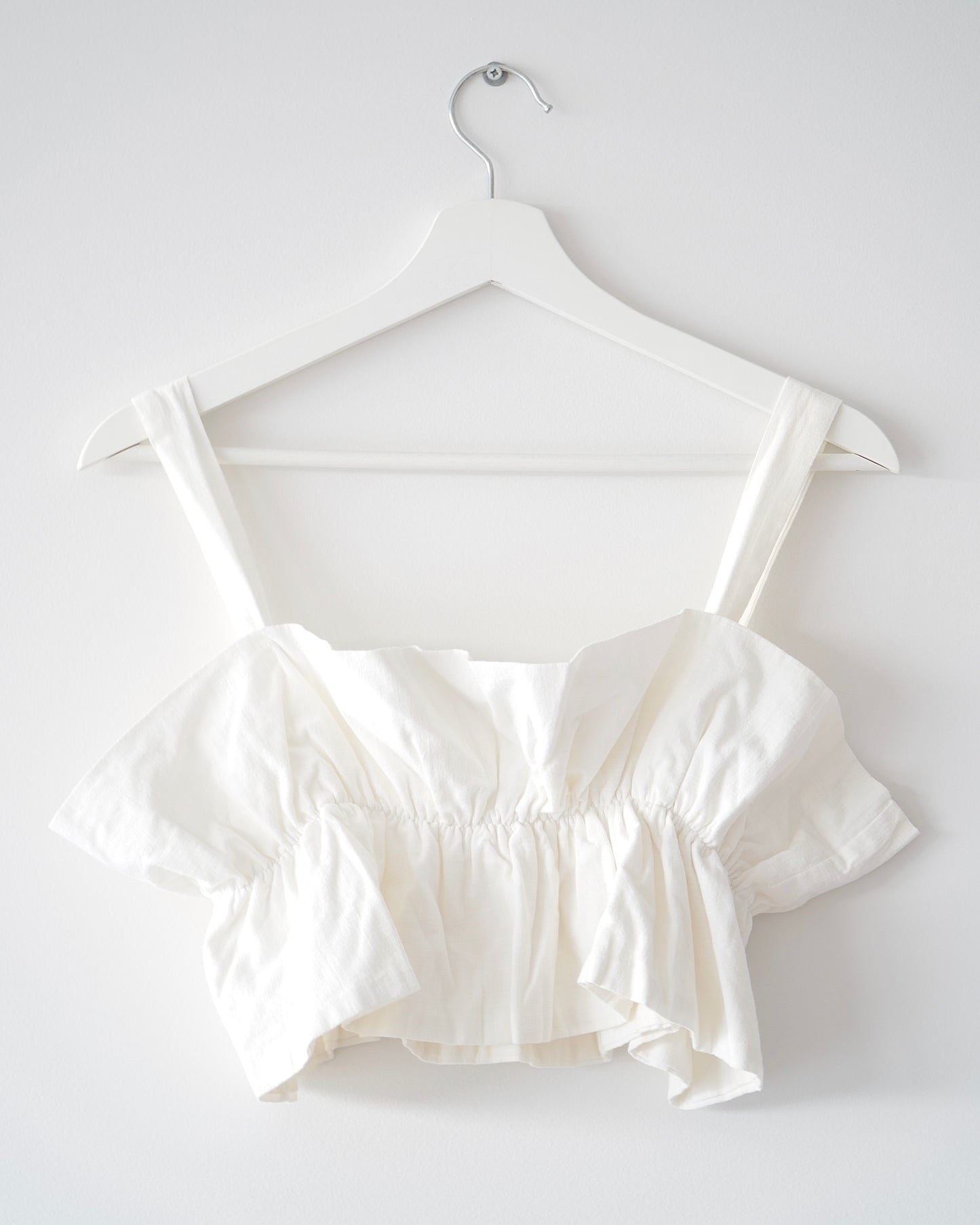 Reverse White Cotton Ruched Ruffle Top (M)