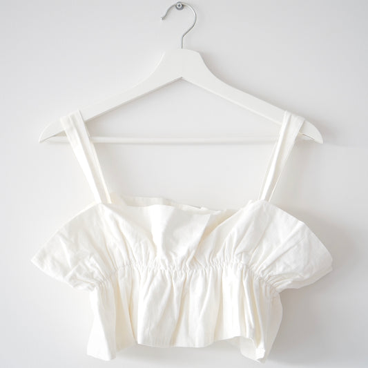 Reverse White Cotton Ruched Ruffle Top (M)
