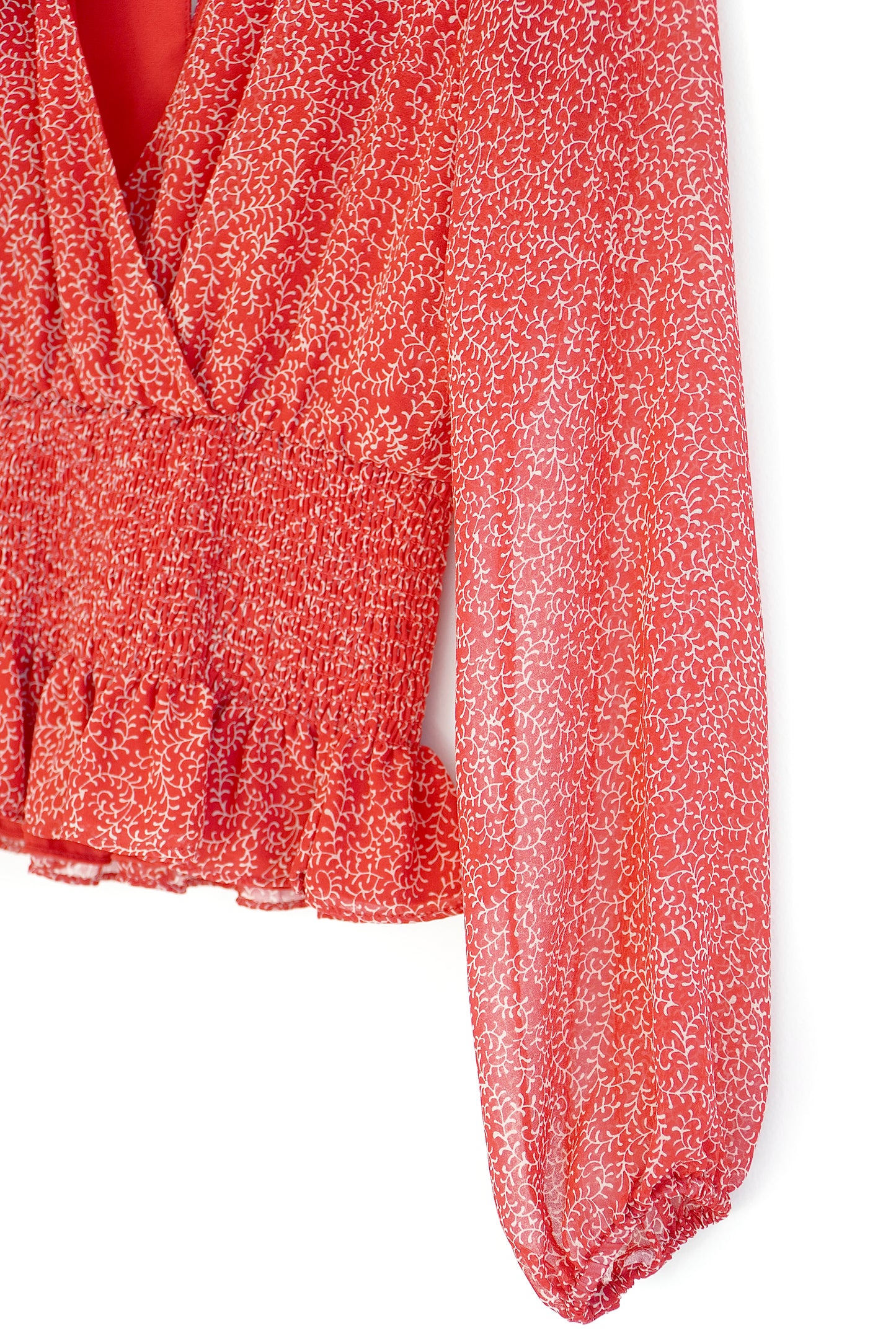Bardot Rouge Shirred White Printed V-neck Blouse (8 Au)