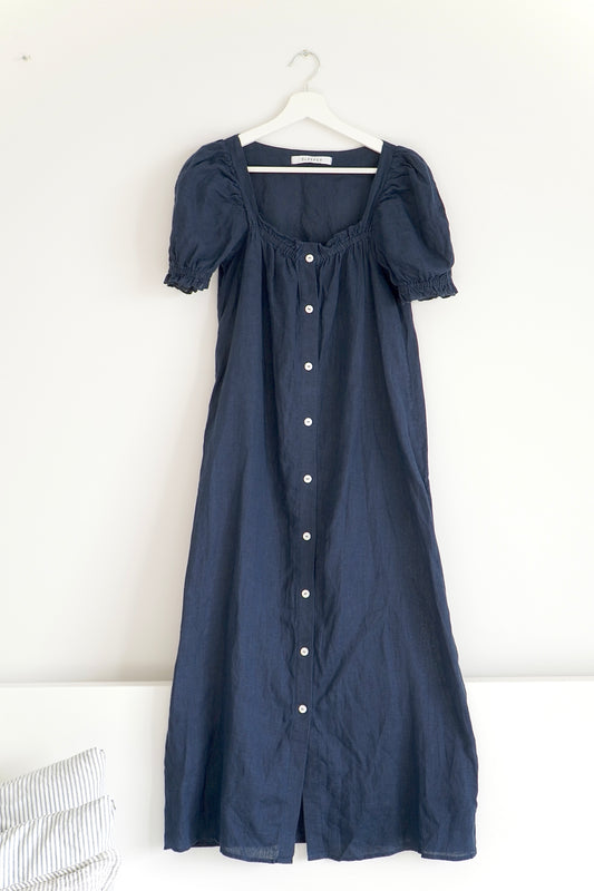 Sleeper Navy Linen Button Up Midi Dress (XS)