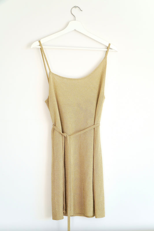 KACEY/DEVLIN Gold Asymmetrical Lurex Belted Mini Dress (6 Au)