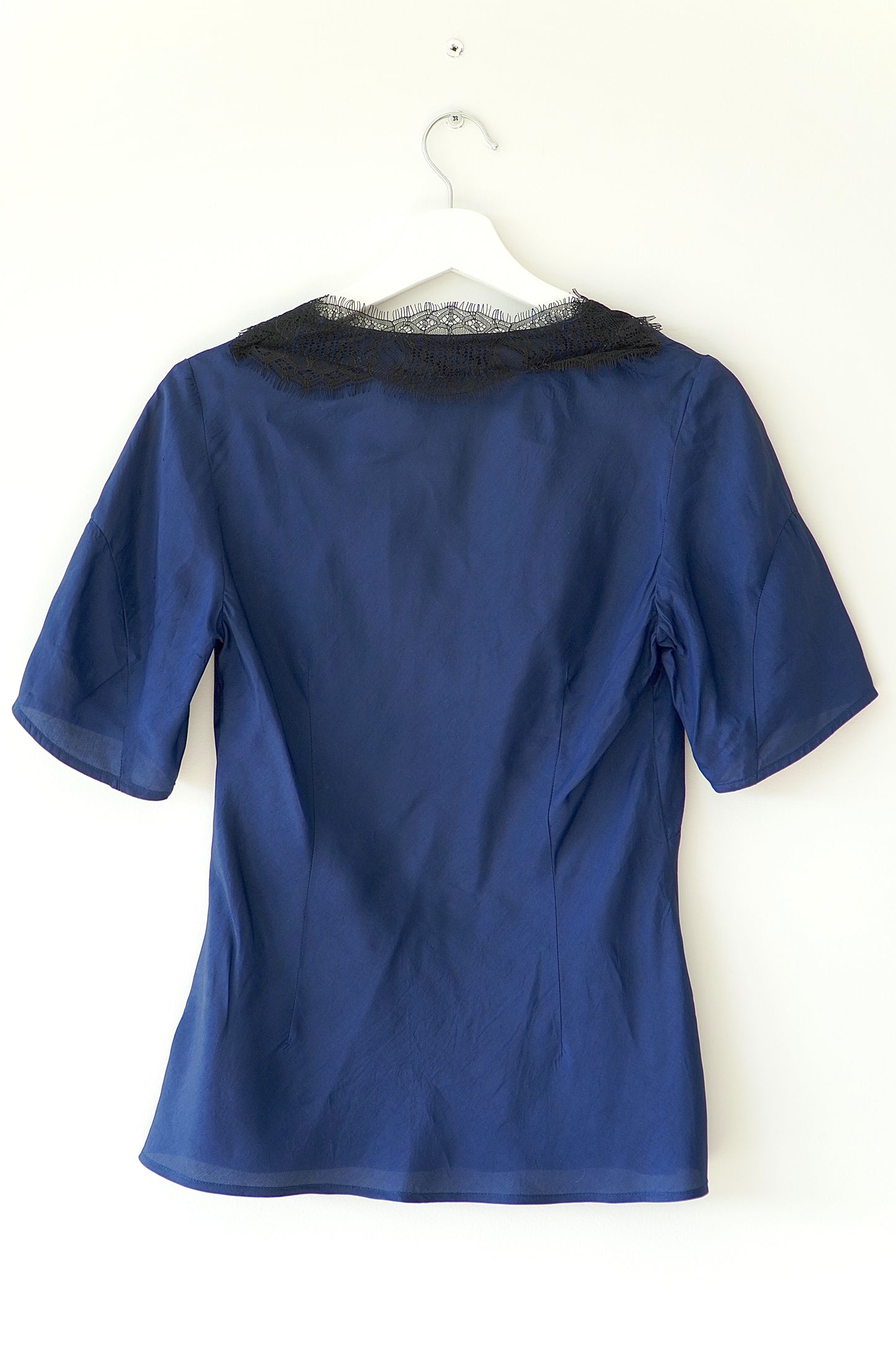 Veronika Maine Navy Lace Trim Classic Silk Blouse (6 Au)