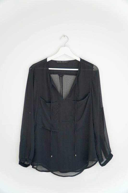 Zara Black Sheer V-neck Blouse (S)