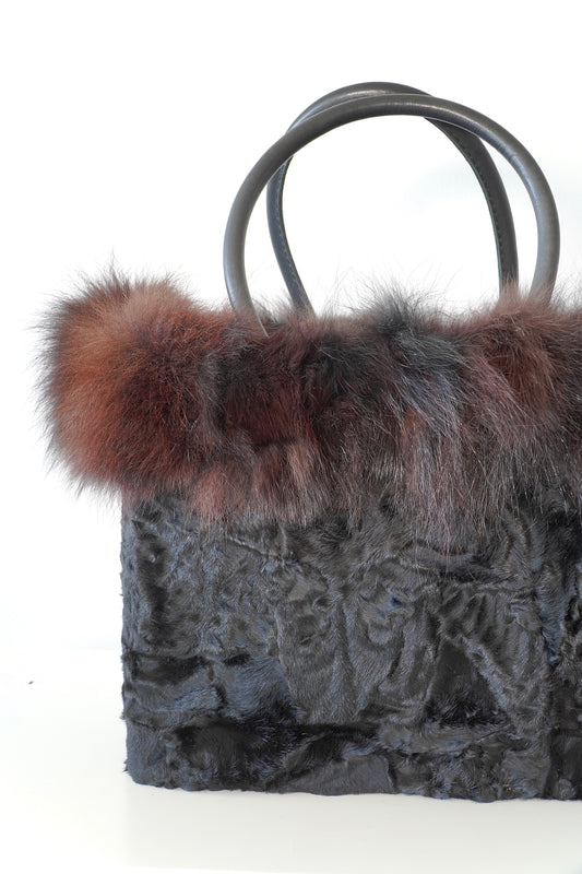 Black Fur Tote Bag W/ Leather Handles