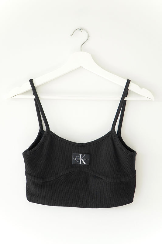 Calvin Klein Jeans Black Rib Bralette Top w/ Logo Badge (S)