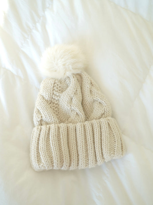 H&M Cream Braided Knit Beanie W/ Pom Pom (O/S)