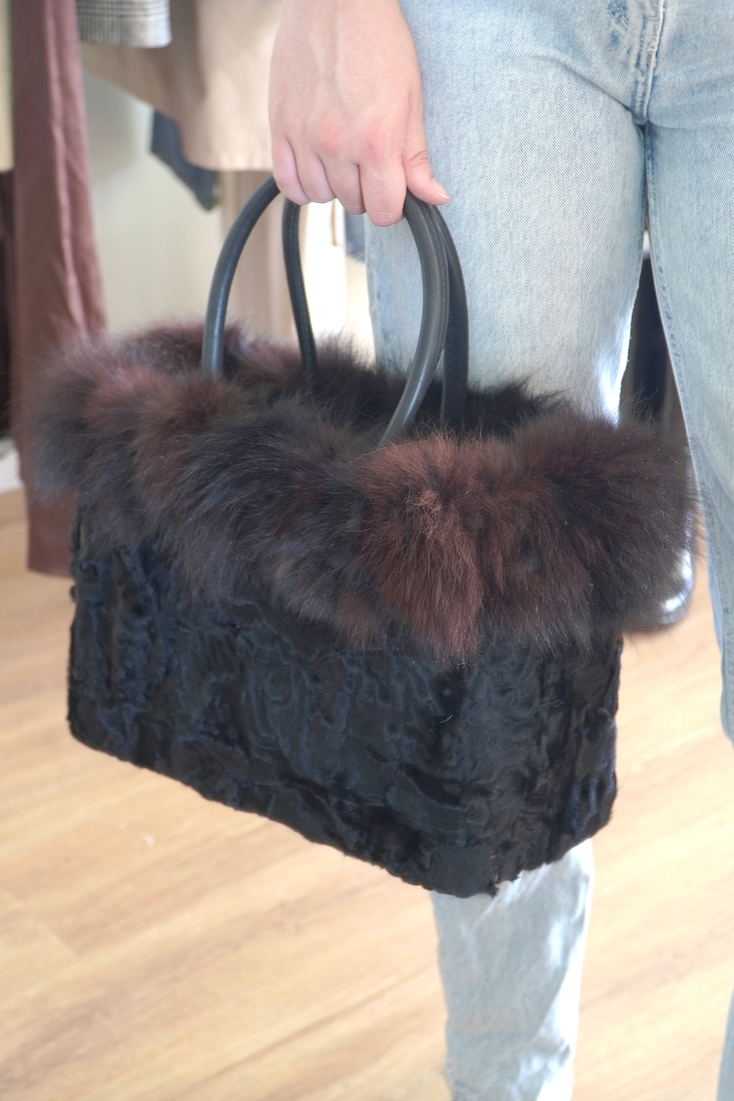 Black Fur Tote Bag W/ Leather Handles