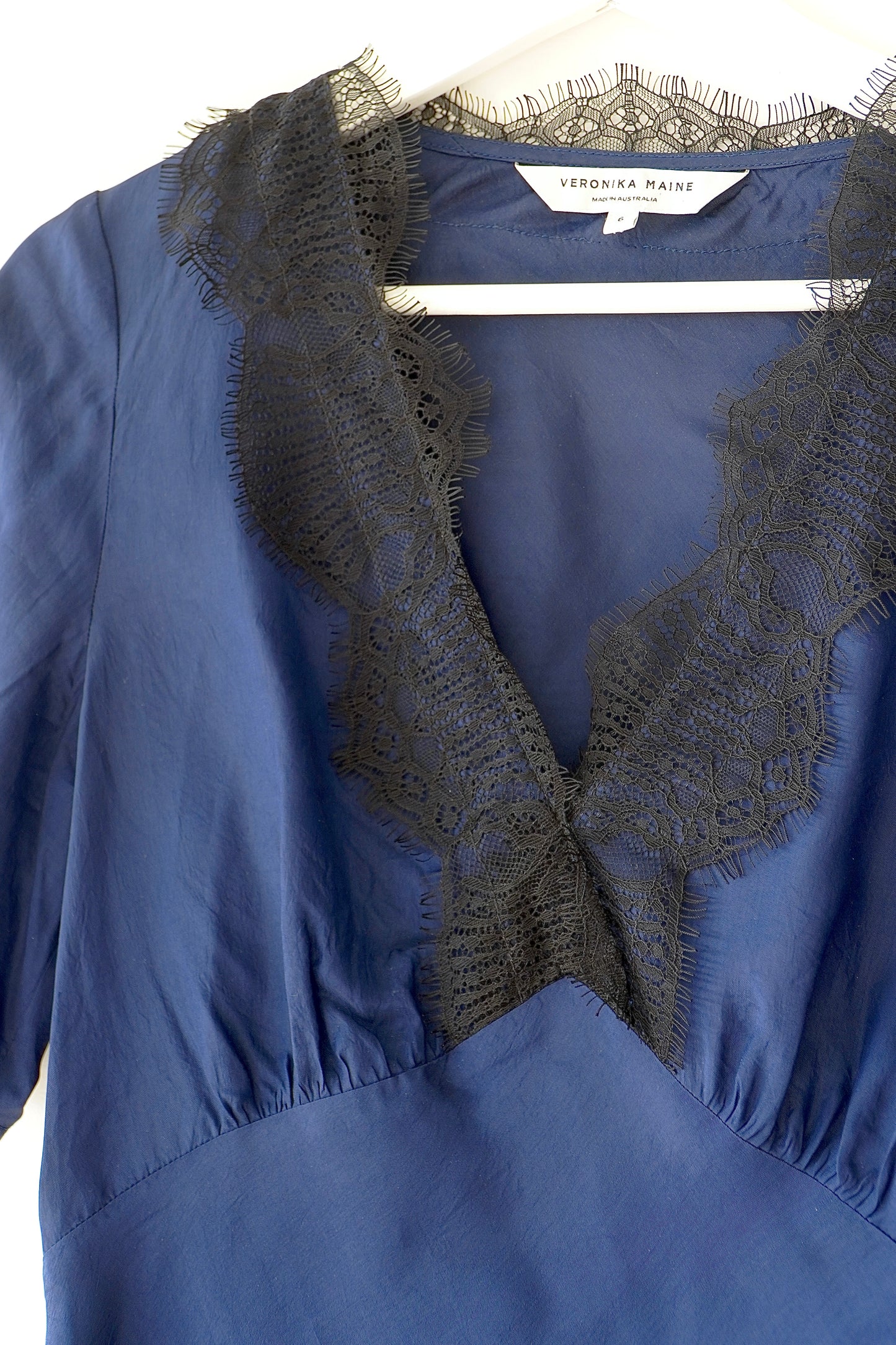 Veronika Maine Navy Lace Trim Classic Silk Blouse (6 Au)