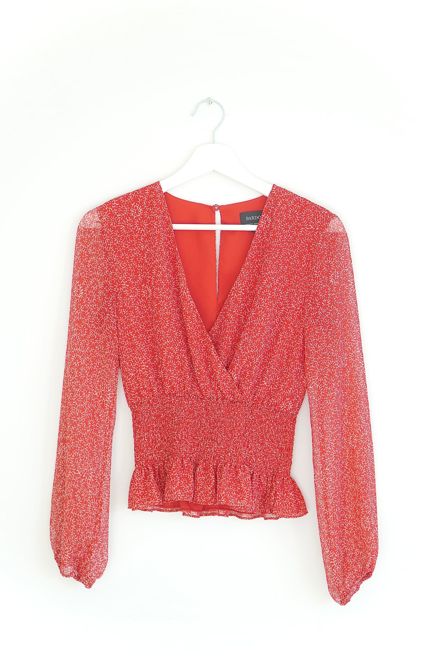 Bardot Rouge Shirred White Printed V-neck Blouse (8 Au)