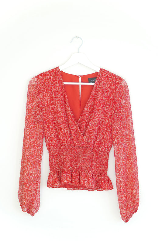 Bardot Rouge Shirred White Printed V-neck Blouse (8 Au)