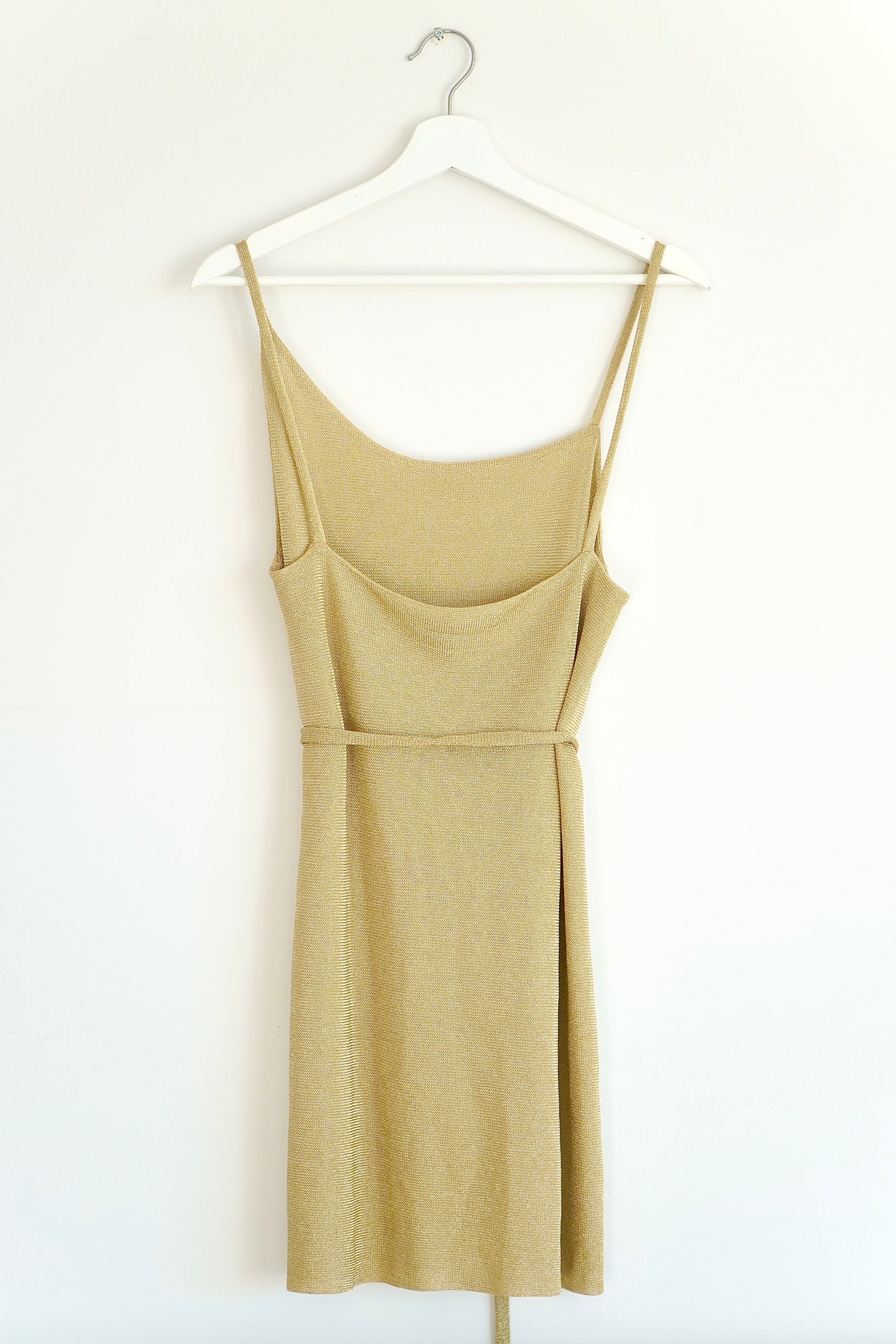 KACEY/DEVLIN Gold Asymmetrical Lurex Belted Mini Dress (6 Au)