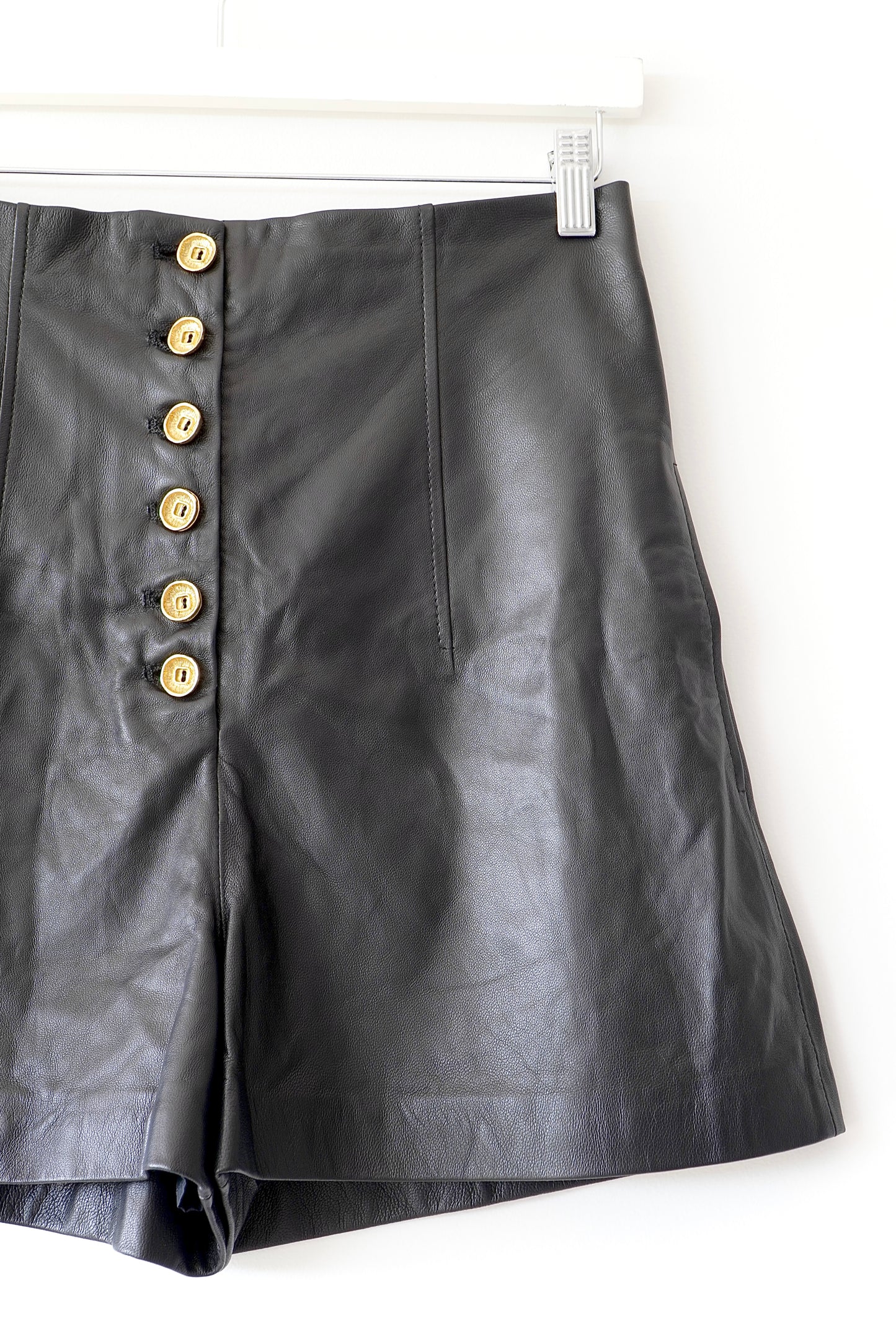 Scanlan Theodore Black High Waisted Leather Shorts w/ Gold Buttons