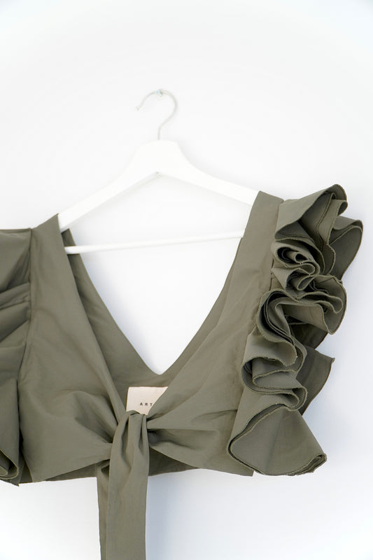 ARTCLUB Army Green ‘Le Cercle’ Cropped Ruffled Top (S)