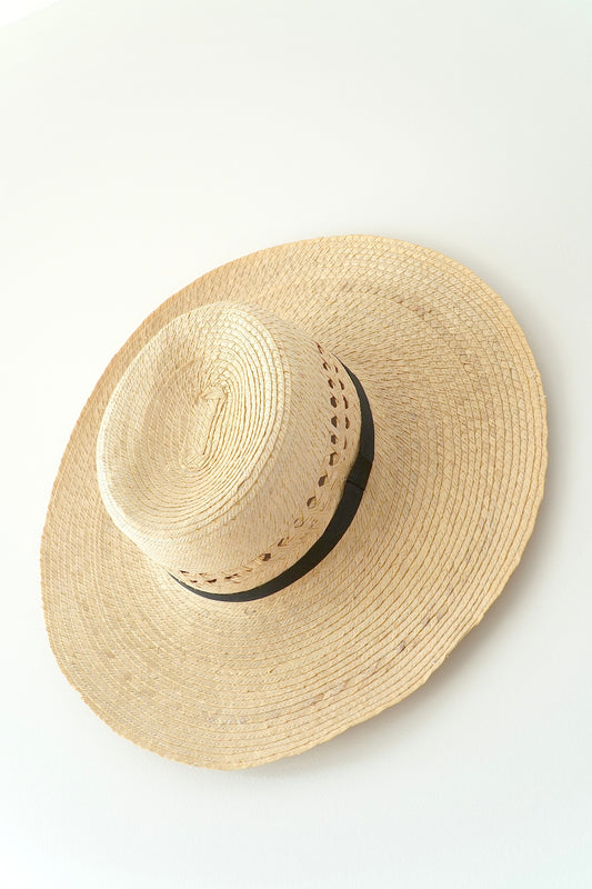 Wide-brimmed Straw Sun Hat w/ Black Ribbon