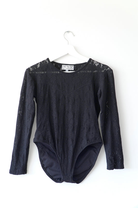 Cha Cha Cha Keep It Cool Vintage Black Floral Lace Long Sleeve Bodysuit (M)