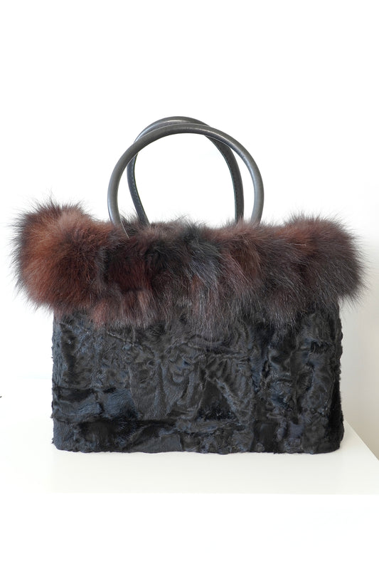 Black Fur Tote Bag W/ Leather Handles