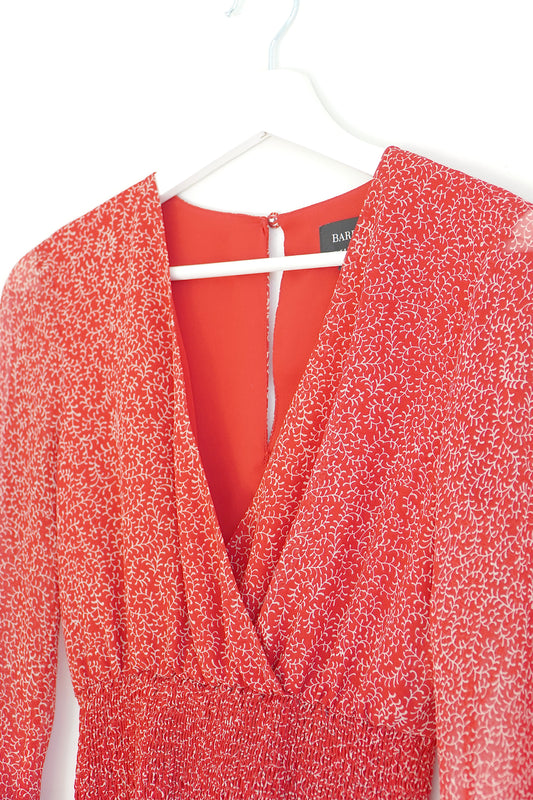 Bardot Rouge Shirred White Printed V-neck Blouse (8 Au)