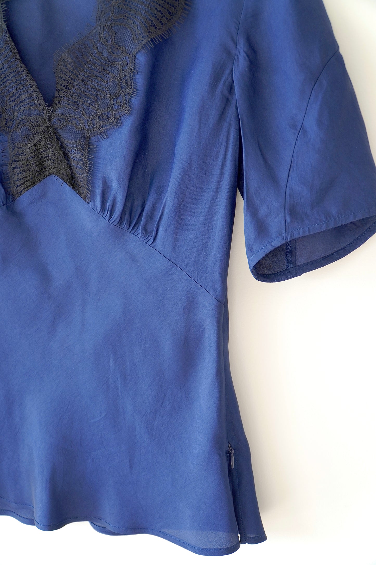 Veronika Maine Navy Lace Trim Classic Silk Blouse (6 Au)