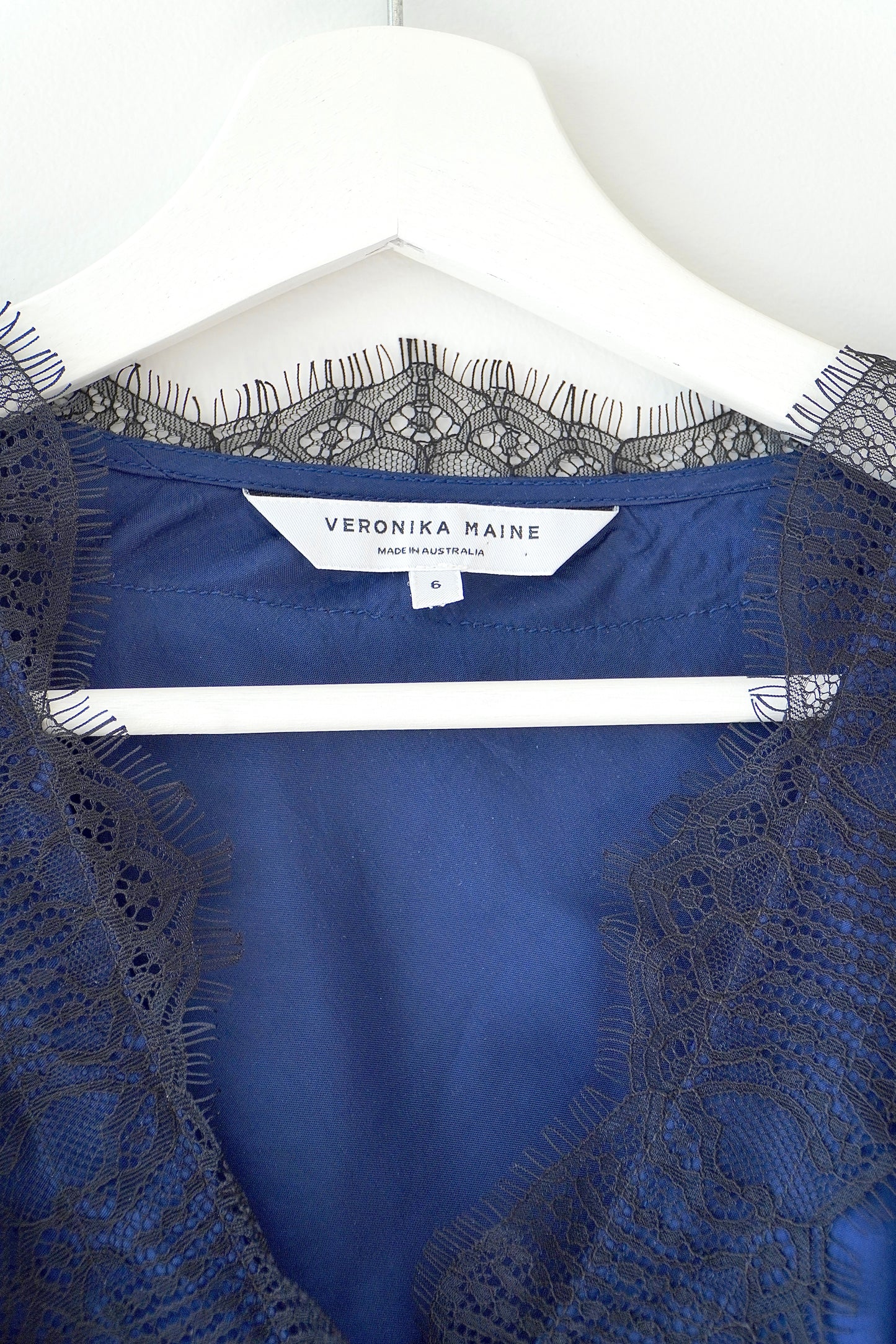 Veronika Maine Navy Lace Trim Classic Silk Blouse (6 Au)