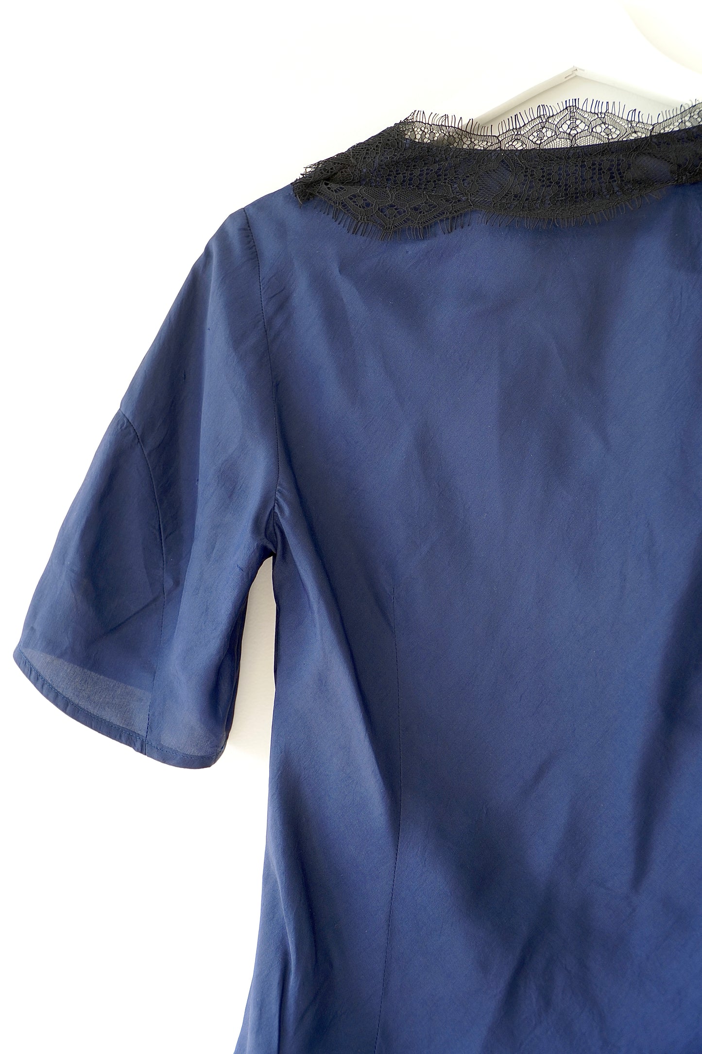 Veronika Maine Navy Lace Trim Classic Silk Blouse (6 Au)
