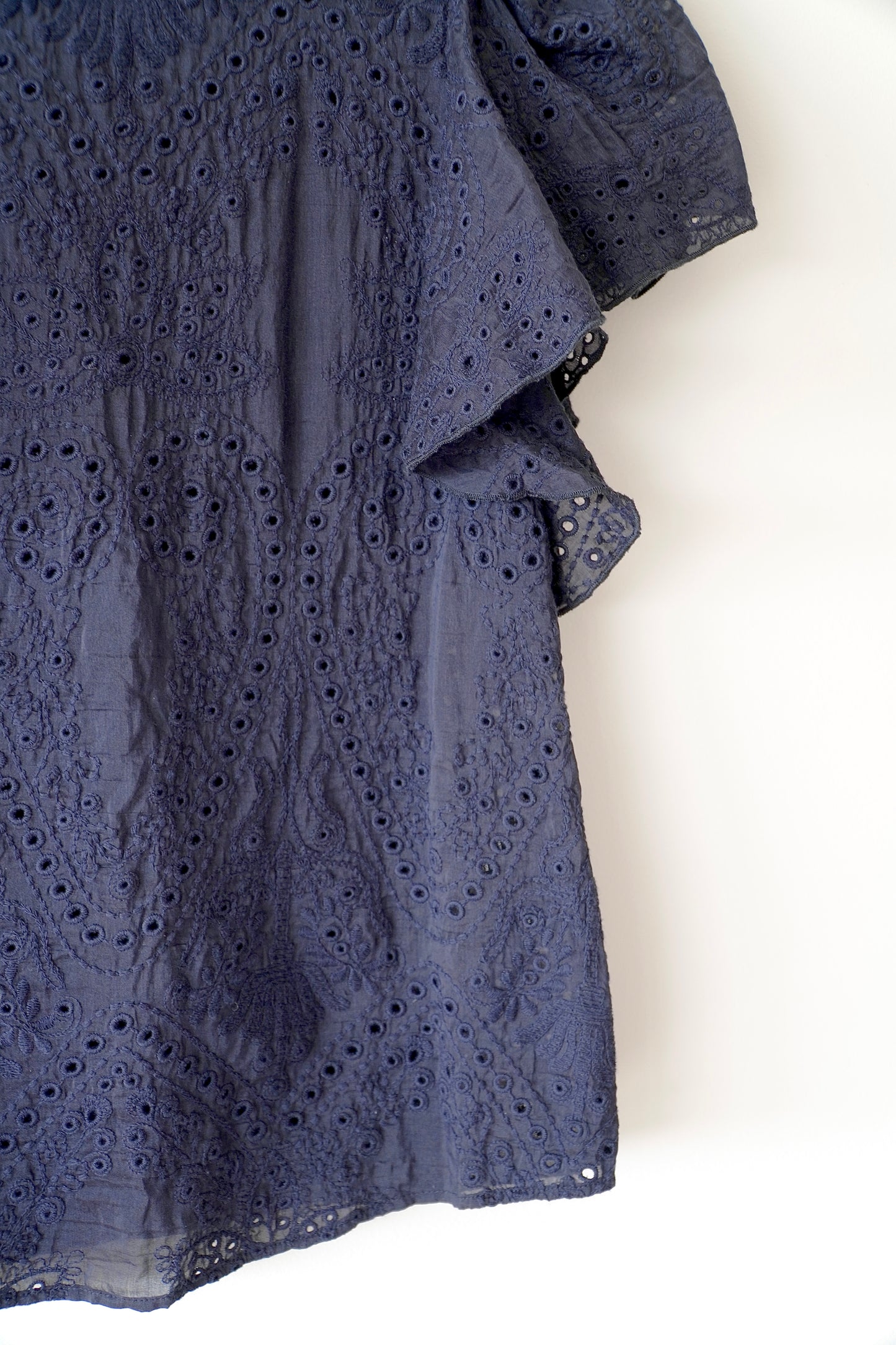 Veronika Maine Navy Blue Eyelet Lace Ruffle Sleeve Blouse (8 Au)