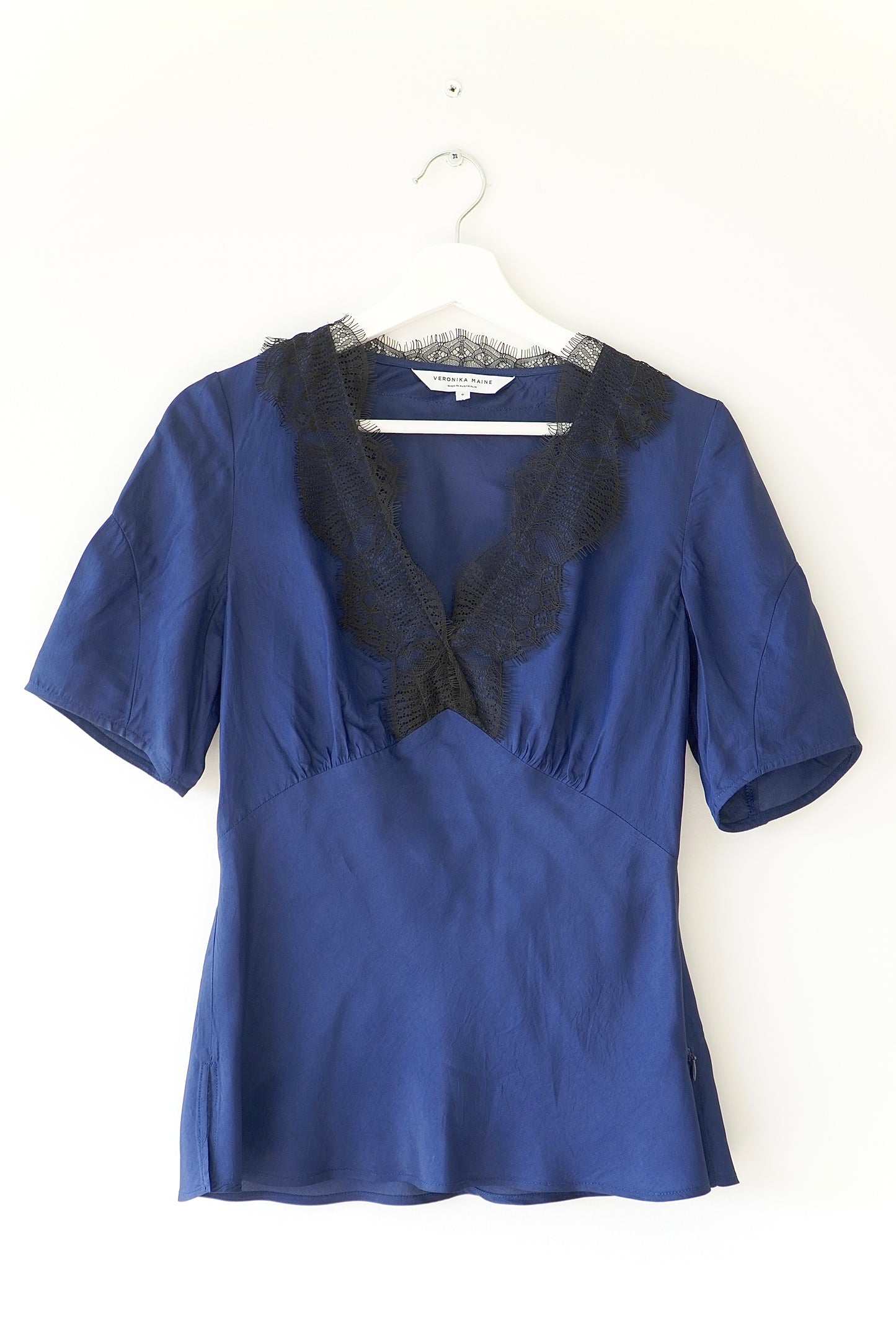 Veronika Maine Navy Lace Trim Classic Silk Blouse (6 Au)