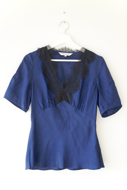 Veronika Maine Navy Lace Trim Classic Silk Blouse (6 Au)