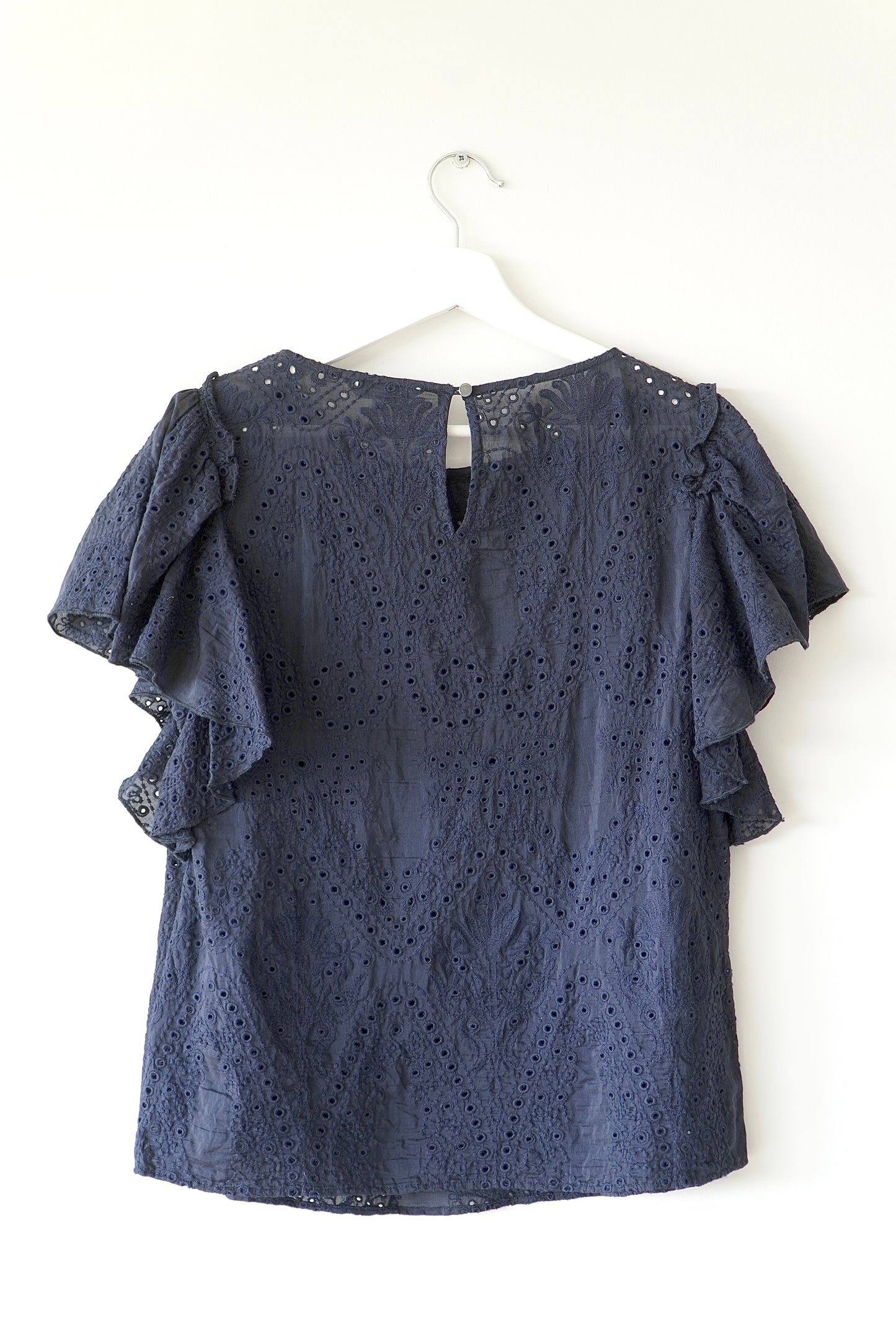 Veronika Maine Navy Blue Eyelet Lace Ruffle Sleeve Blouse (8 Au)