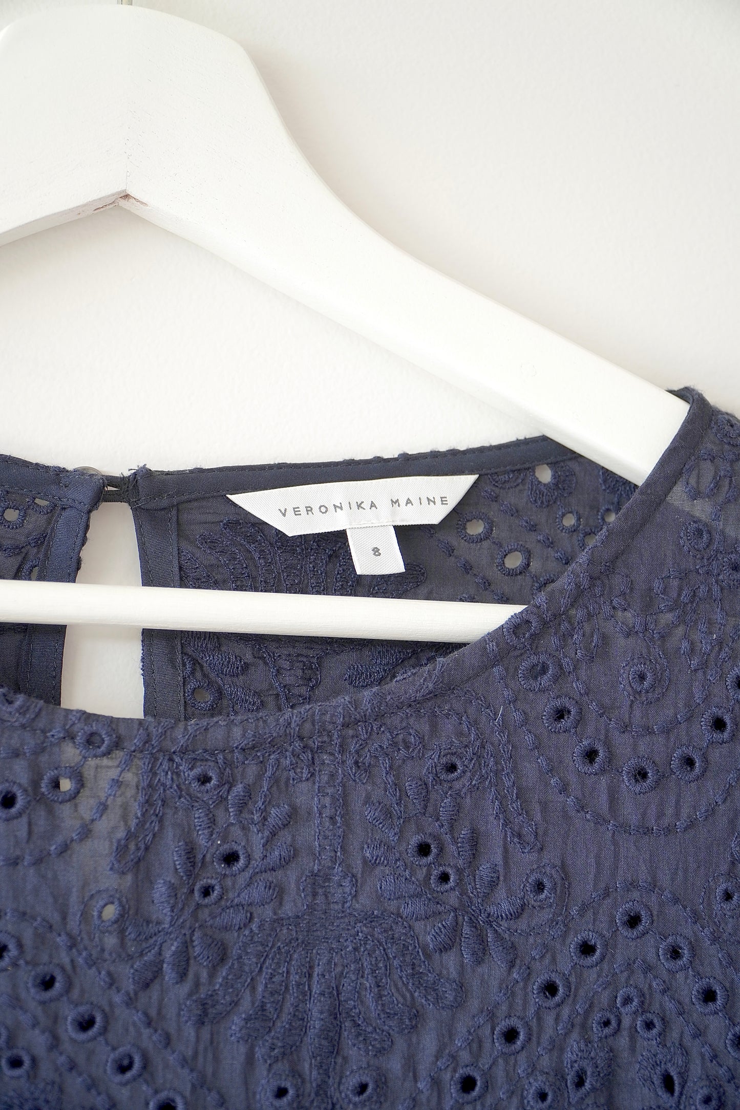 Veronika Maine Navy Blue Eyelet Lace Ruffle Sleeve Blouse (8 Au)