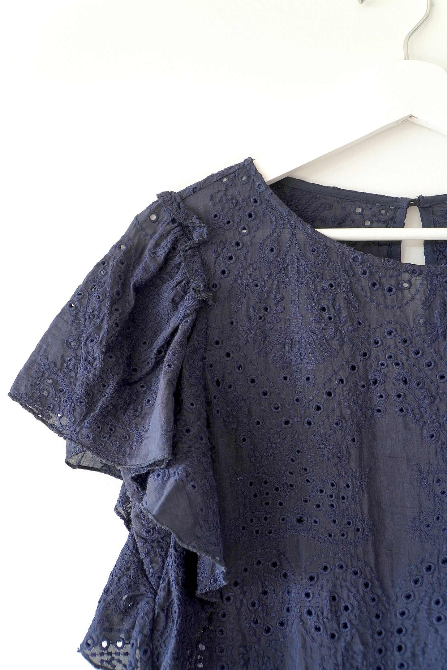 Veronika Maine Navy Blue Eyelet Lace Ruffle Sleeve Blouse (8 Au)
