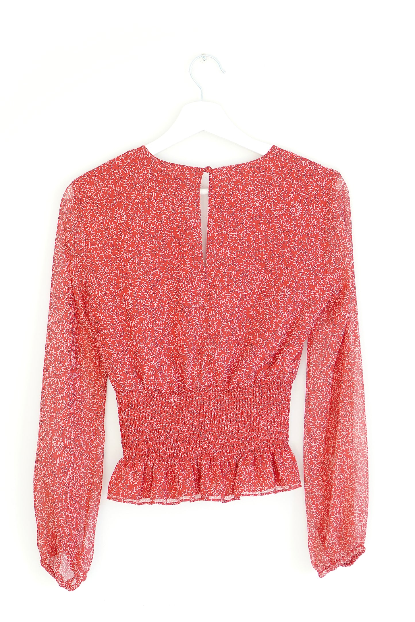 Bardot Rouge Shirred White Printed V-neck Blouse (8 Au)