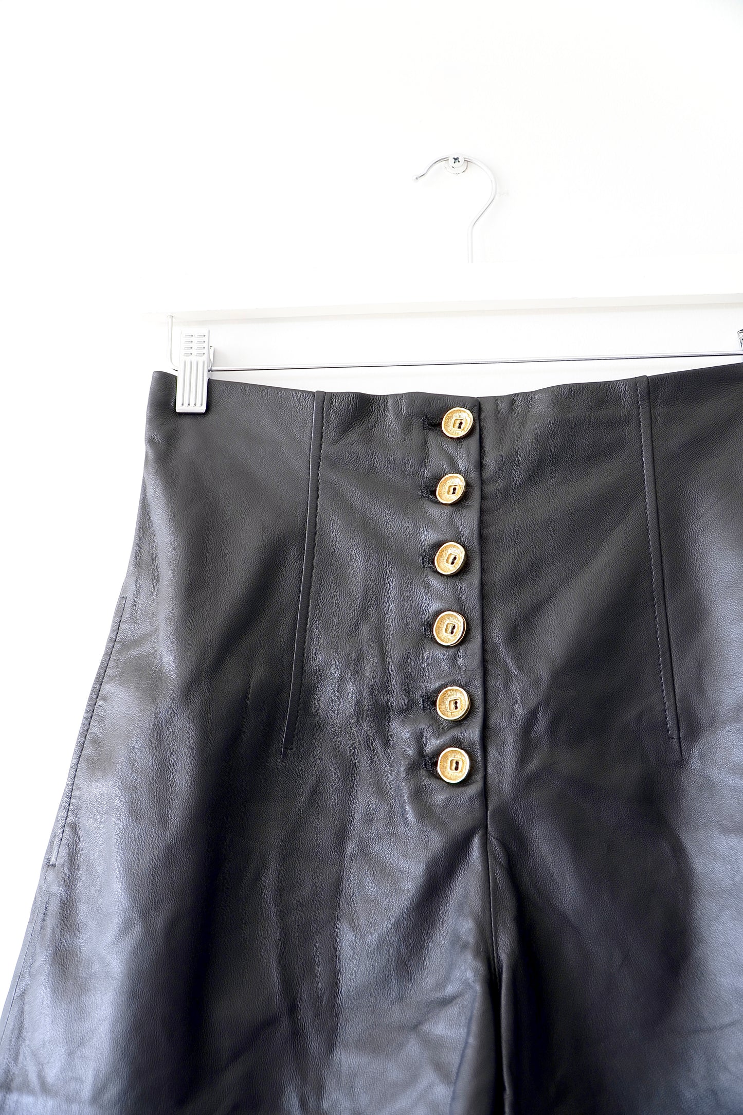 Scanlan Theodore Black High Waisted Leather Shorts w/ Gold Buttons