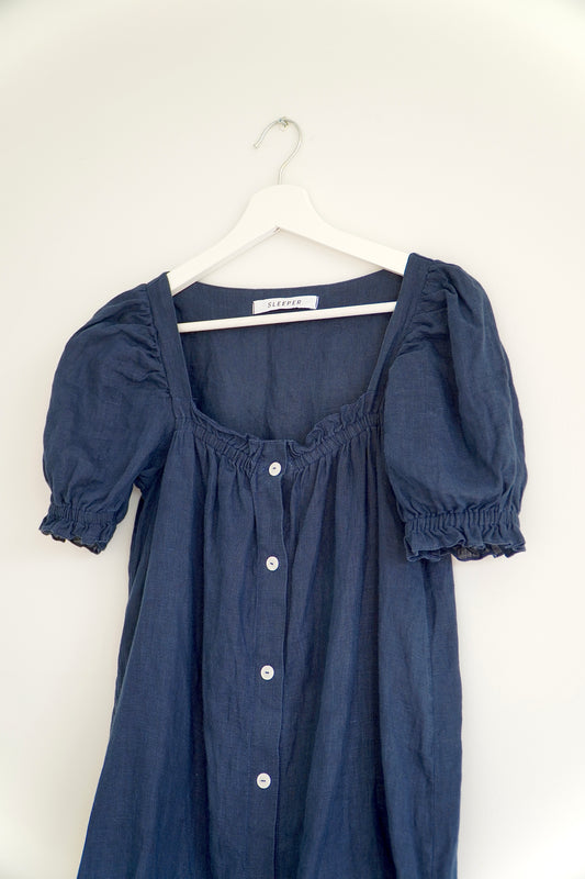 Sleeper Navy Linen Button Up Midi Dress (XS)
