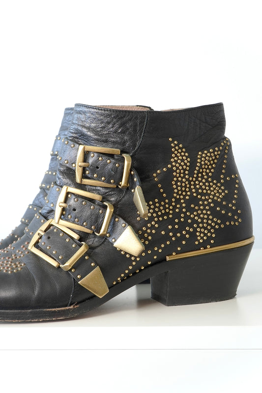 Chloé Iconic Black Susanna Studded Ankle Boots (37)