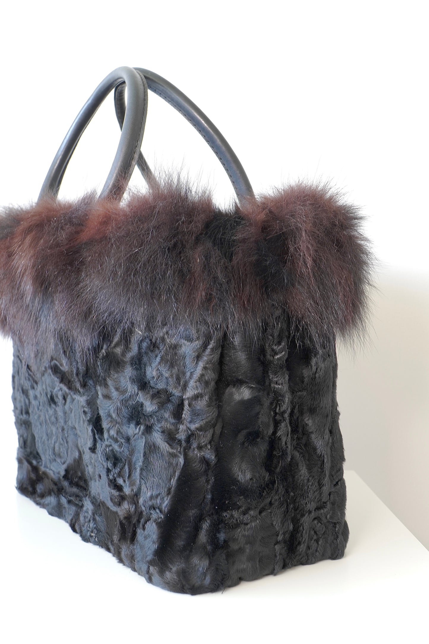 Black Fur Tote Bag W/ Leather Handles