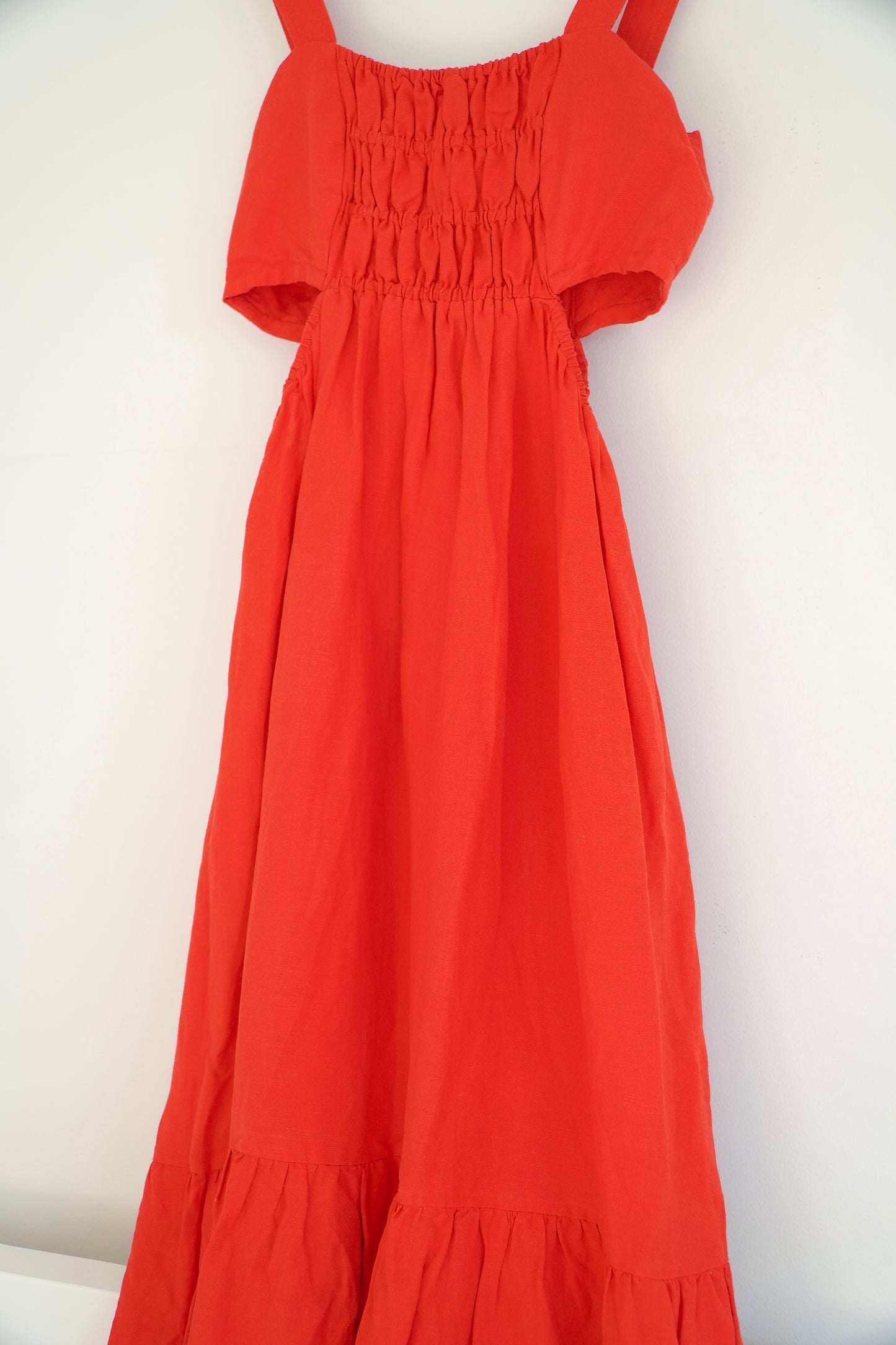 Shona Joy Rose Red Linen Cut Out Ruched Midi Dress (10 Au)