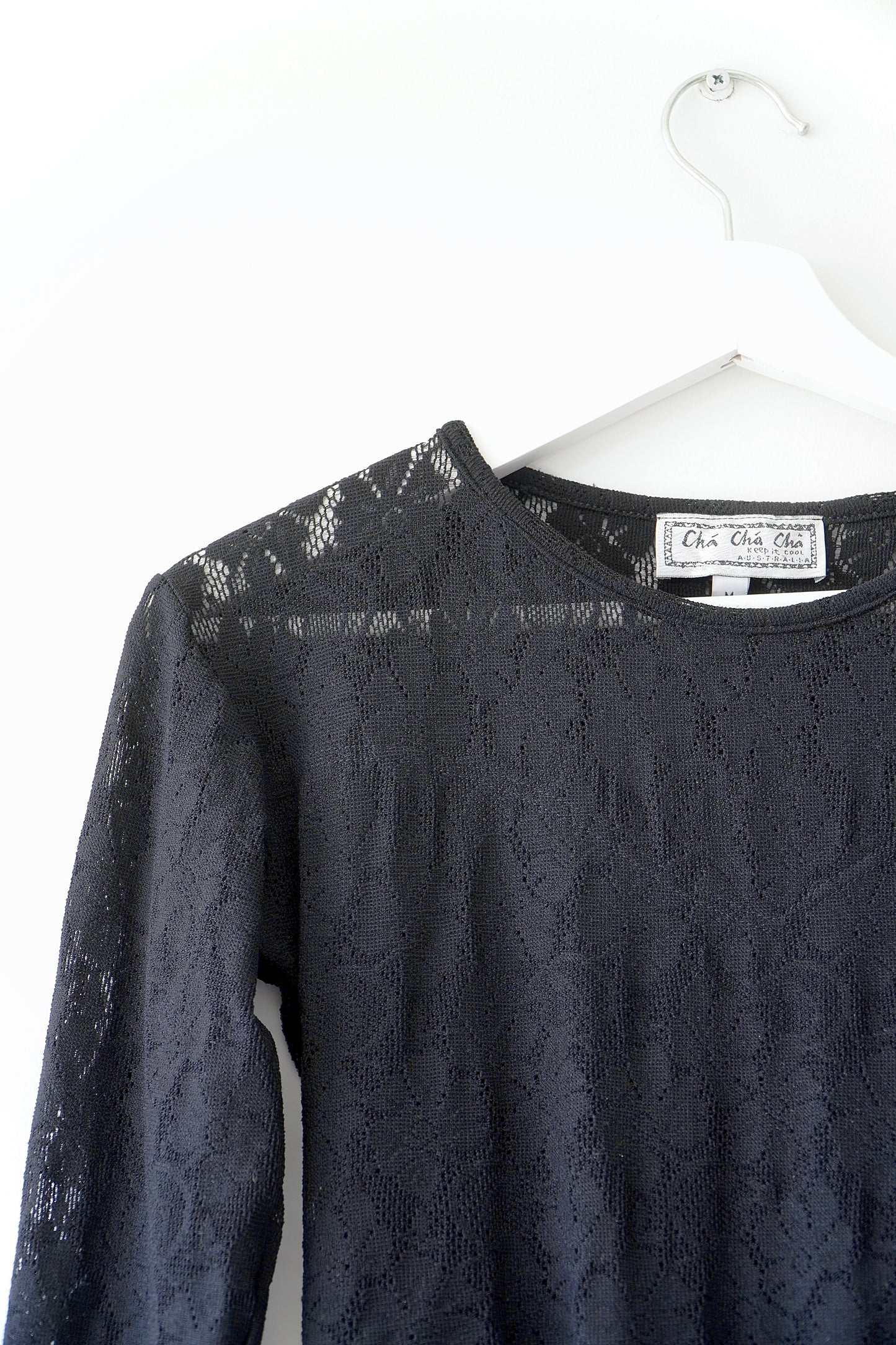 Cha Cha Cha Keep It Cool Vintage Black Floral Lace Long Sleeve Bodysuit (M)