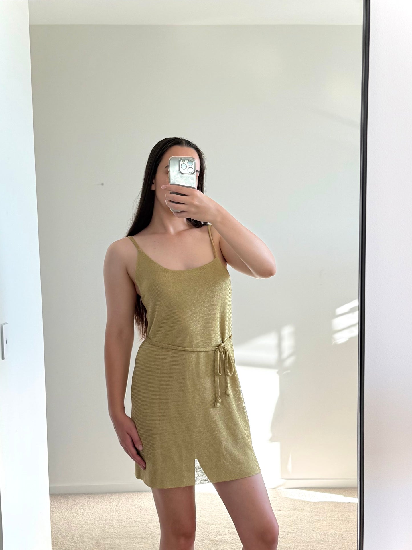 KACEY/DEVLIN Gold Asymmetrical Lurex Belted Mini Dress (6 Au)