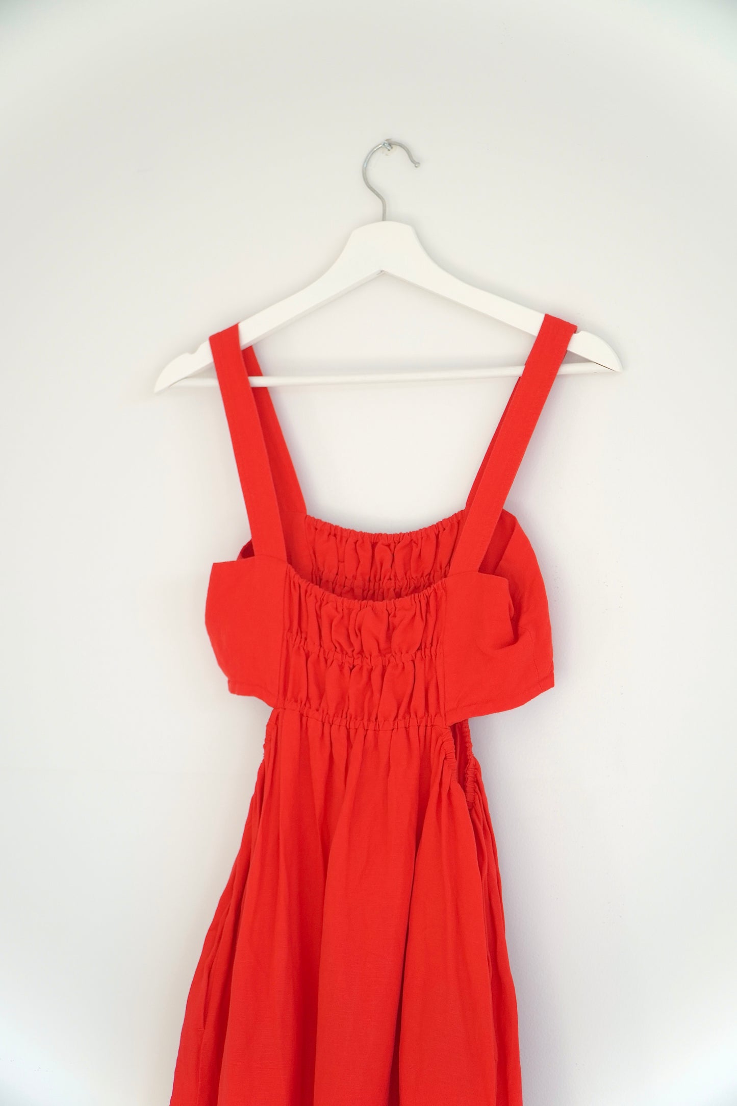 Shona Joy Rose Red Linen Cut Out Ruched Midi Dress (10 Au)