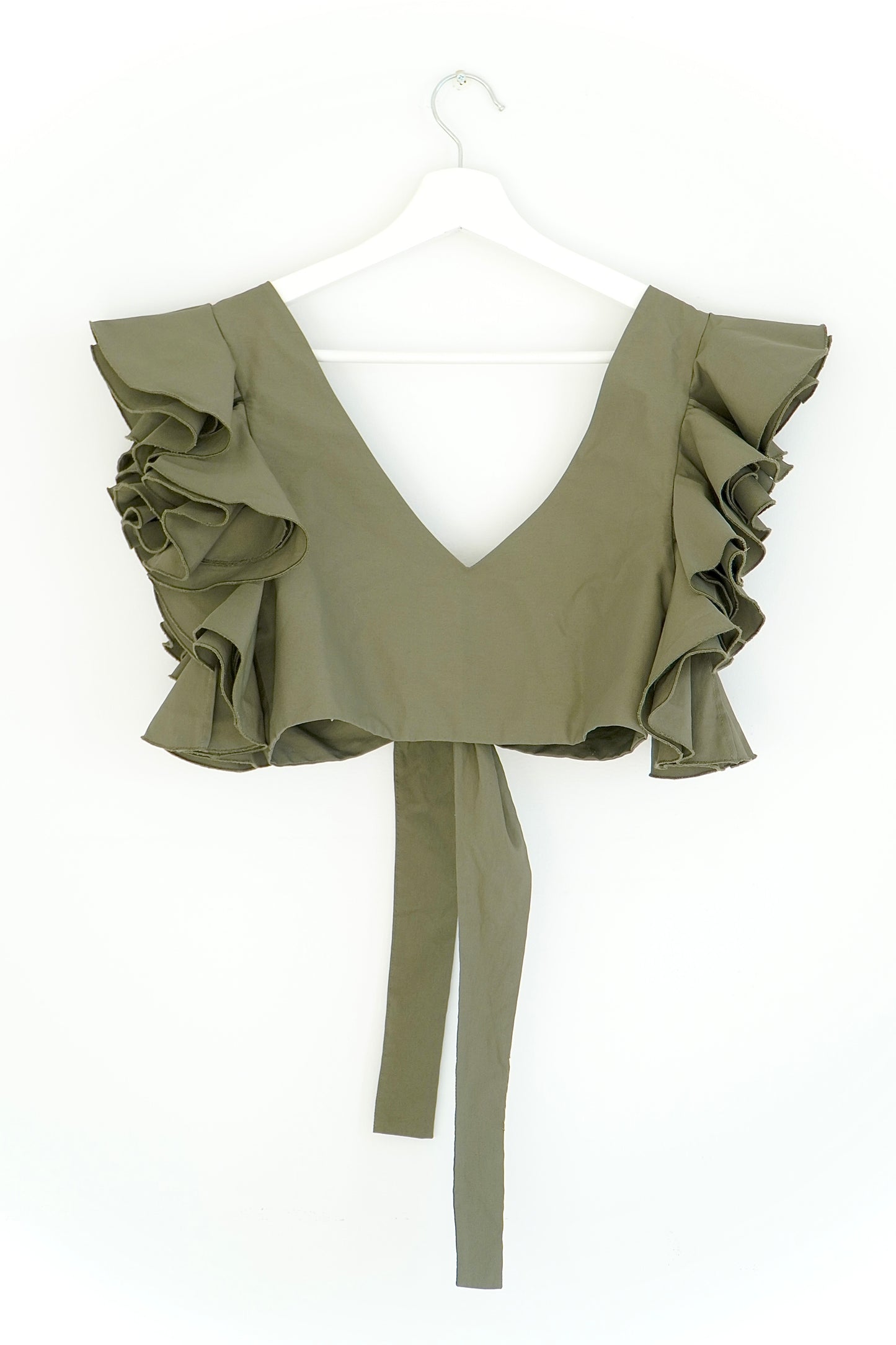 ARTCLUB Army Green ‘Le Cercle’ Cropped Ruffled Top (S)