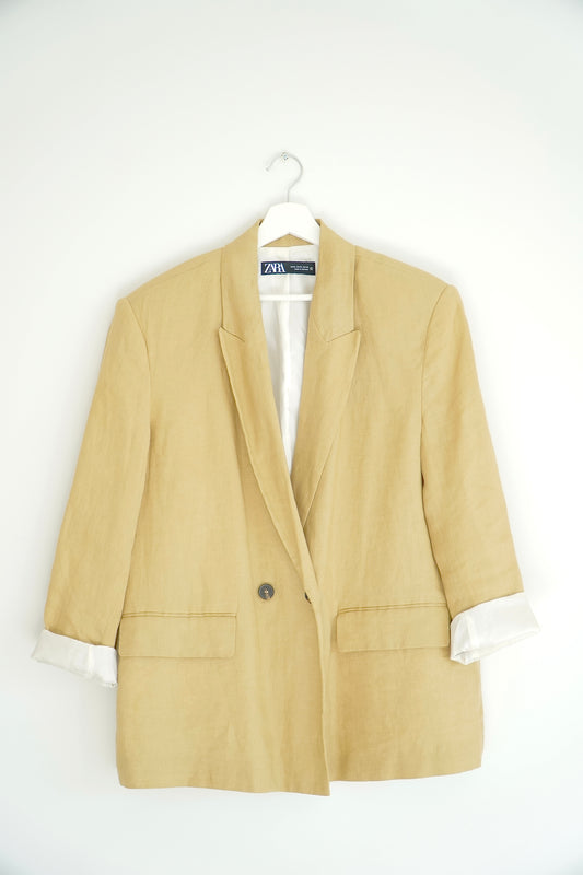 Zara Dusty Mustard Linen Suit Blazer (XL)