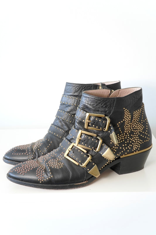 Chloé Iconic Black Susanna Studded Ankle Boots (37)