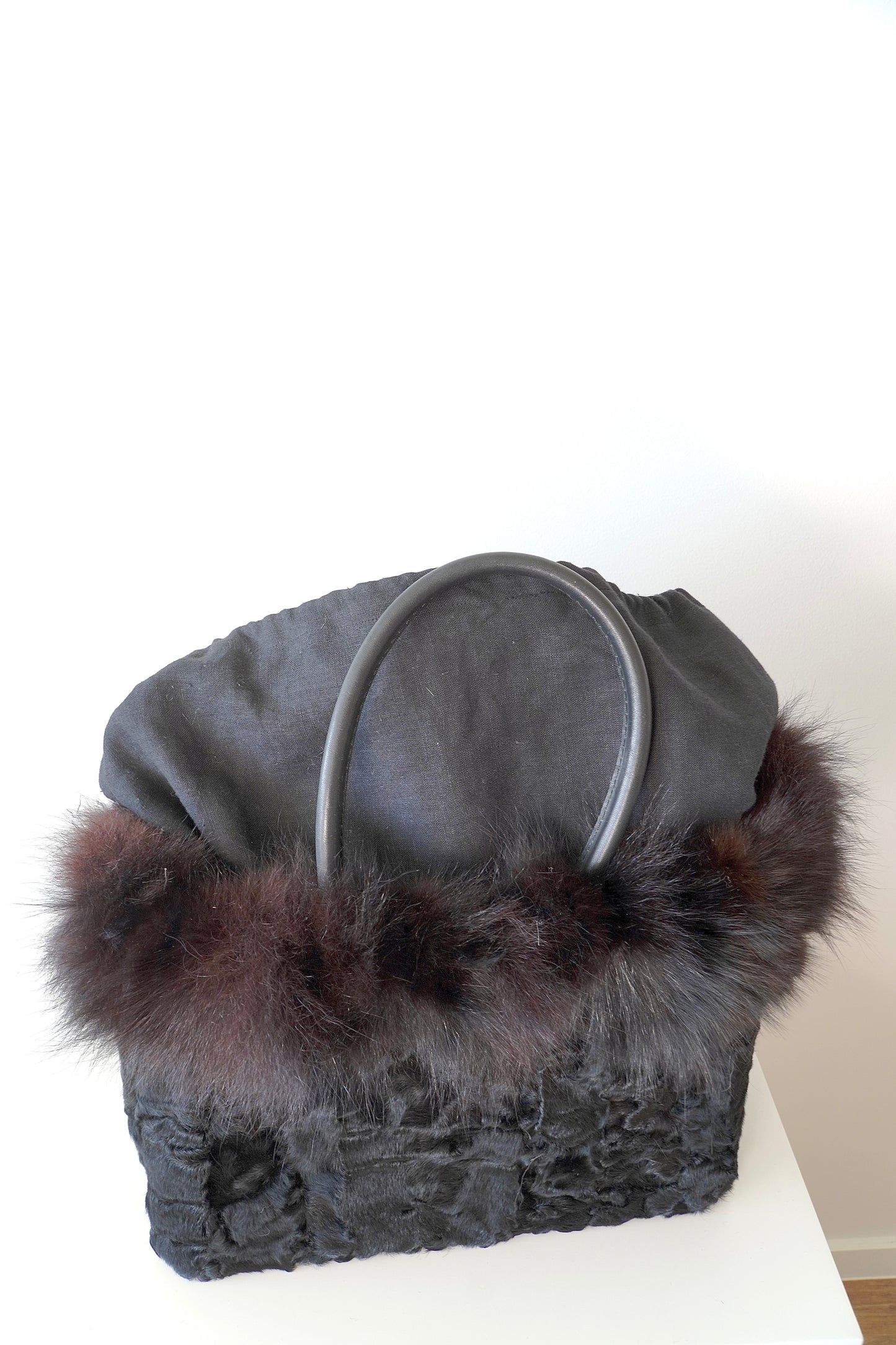 Black Fur Tote Bag W/ Leather Handles